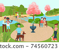 Lovely place for people, group human walk dog, cozy river character stroll outdoor garden flat vector illustration. Spring park. 74560723