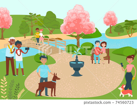 Lovely place for people, group human walk dog, cozy river character stroll outdoor garden flat vector illustration. Spring park. 74560723