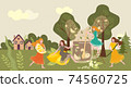 People collecting tea herb, woman carry orange lemon dance with chamomile cartoon vector illustration. Rural view background forest. 74560725
