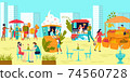 People male female character buy clothes, food street market and stall flat vector illustration. Urban background, city park with outdoor marketplace. 74560728