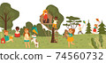 Cheerful group kid character playing together in outdoor park, treehouse children playground flat vector illustration. Girl boy play garden. 74560732