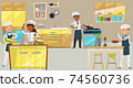 Professional chef group, young people character male female together cooking restaurant food cartoon vector illustration. 74560736