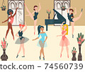 Dancer ballerinas, school modern classic dance cartoon vector illustration. Group female character, room piano professional creative classic ballet. 74560739