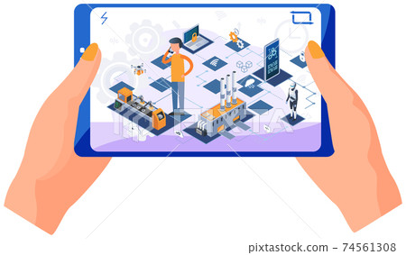 Human hands holding tablet with industry automation production line, modern one-stop production Human hands holding tablet with industry automation production line, modern one-stop production 74561308