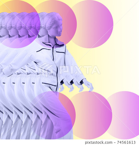 Collage with plaster antique sculpture of human face in a pop art style. Modern creative concept image with ancient statue head. Zine culture. Contemporary art poster. Funky minimalism. Retro design. 74561613