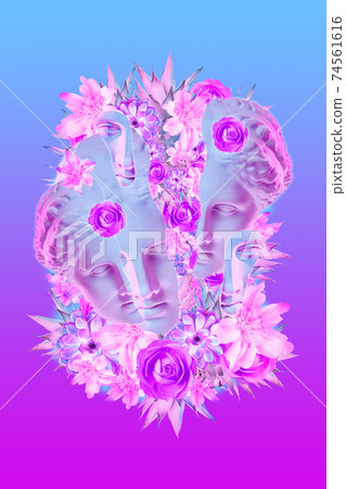 Collage with plaster antique sculpture of woman face and flowers in a pop art style. Modern creative concept image with ancient statue head. Zine culture. Contemporary art poster. Funky minimalism. 74561616