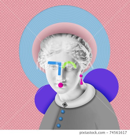 Fashion art collage with plaster antique sculpture of Venus face in a pop art style. Creative vogue concept image in contemporary surrealism style. Beauty, fashion and health theme. Zine culture. Fashion art collage with plaster antique sculpture of Venus face in a pop art style. Creative vogue concept image in contemporary surrealism style. Beauty, fashion and health theme. Zine culture. 74561617