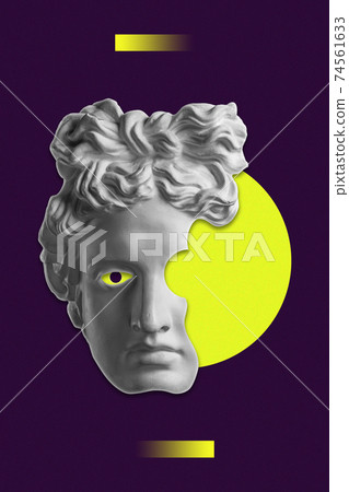 Collage with plaster antique sculpture of human face in a pop art style. Modern creative concept image with ancient statue head. Zine culture. Contemporary art poster. Funky minimalism. Retro design. Collage with plaster antique sculpture of human face in a pop art style. Modern creative concept image with ancient statue head. Zine culture. Contemporary art poster. Funky minimalism. Retro design. 74561633