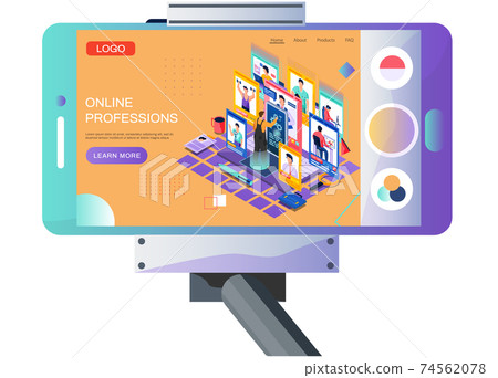 Tripod with smartphone and webpage on topic of online professions. Male worker chooses new job 74562078