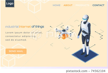 Industrial internet of things landing page template with humanoid and quadcopter newest technologies 74562104