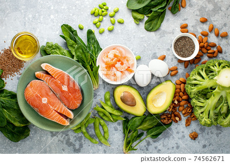 Omega 3 natural food sources concept, top down view Omega 3 natural food sources concept, top down view 74562671