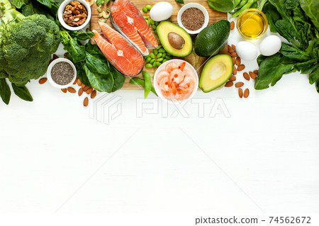Omega 3 natural food sources concept, top down view Omega 3 natural food sources concept, top down view 74562672