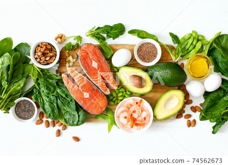 Omega 3 natural food sources concept, top down view Omega 3 natural food sources concept, top down view 74562673