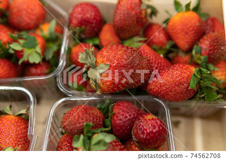 Fresh strawberries in trays on the counter in the supermarket. Fresh strawberries in trays on the counter in the supermarket. 74562708
