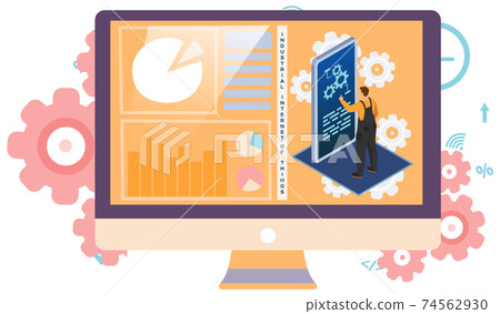 Male worker clicks gear symbol on smartphone screen, analysis of technical innovation diagrams 74562930