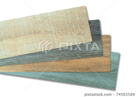 Vinyl tiles stack sample collection for interior designer. New wooden pattern vinyl tile. Vinyl flooring material isolated on white background. Polymer vinyl sheet set for new home floor. PVC material 74563589