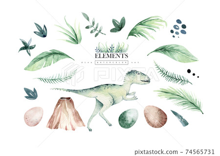 Cute cartoon baby dinosaurs collection watercolor illustration, hand painted dino isolated on a white background for nursery poster decoration. Rex children funny art Cute cartoon baby dinosaurs collection watercolor illustration, hand painted dino isolated on a white background for nursery poster decoration. Rex children funny art 74565731