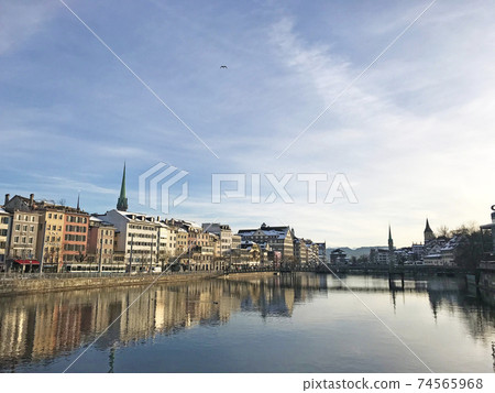 From the Old Town of Zurich, Switzerland, the Limmat River and the Mühle Pedestrian Bridge 74565968