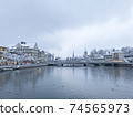Winter views from the old town of Zurich, Switzerland, the Limmat river and the Mühle pedestrian bridge 74565973