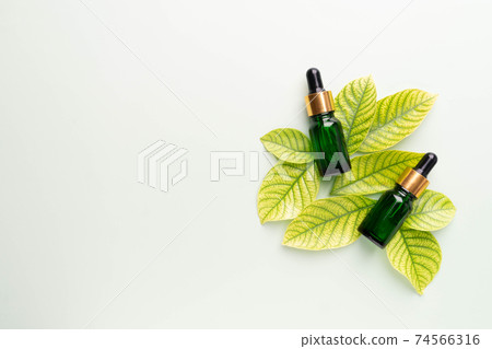 Natural herbal serum or essential oil products. Top view of green glass vial with dropper and fresh leaves on green background. Skincare, spa, aromatherapy and medicine concept. Natural herbal serum or essential oil products. Top view of green glass vial with dropper and fresh leaves on green background. Skincare, spa, aromatherapy and medicine concept. 74566316