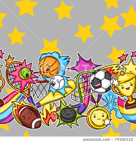 Seamless pattern with kawaii sport items. 74566318