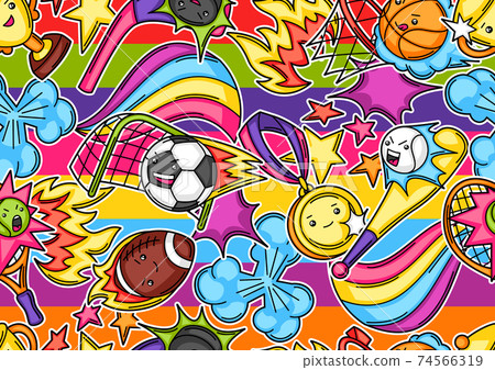 Seamless pattern with kawaii sport items. 74566319