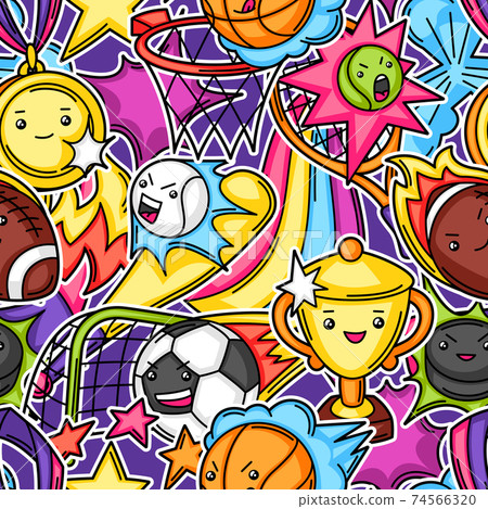 Seamless pattern with kawaii sport items. Seamless pattern with kawaii sport items. 74566320
