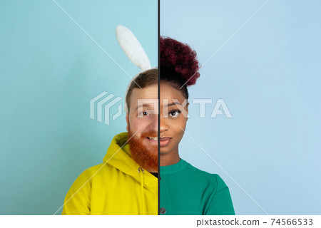 Fun and creative combination of portraits of young people with different emotions, various facial expression on splited multicolored background. 74566533