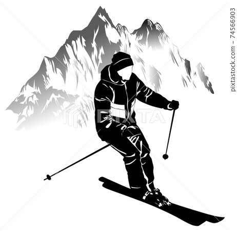 Black and white image of a skier on a background of mountains Black and white image of a skier on a background of mountains 74566903