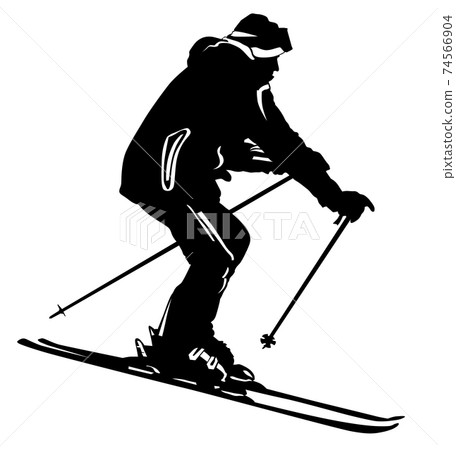 Black and white image of a skier going down the slope Black and white image of a skier going down the slope 74566904