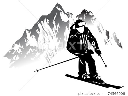 Black and white image of a skier on a background of mountains Black and white image of a skier on a background of mountains 74566906
