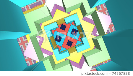 Fascinating, enchanting background. Various colorful blurry squares look and resize. flickering frame. An interesting animation of a multi-colored tunnel. 3D VFX tunnel effect with multi-colored lines 74567828