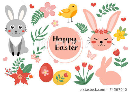 Happy Easter cute set with Easter bunny, rabbit, eggs, flowers. Hello spring set icons, objects. Vector illustration 74567940