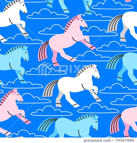 Vector seamless pattern with horses running in the clouds 74567999