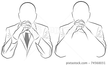 Silhouette of a man in a jacket sitting with folded hands 74568031