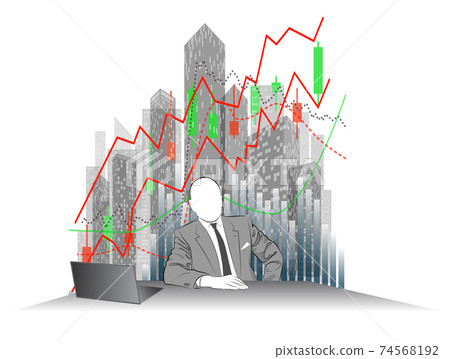 The image of a man in a business suit at a desk against a background of skyscrapers and financial graphs The image of a man in a business suit at a desk against a background of skyscrapers and financial graphs 74568192