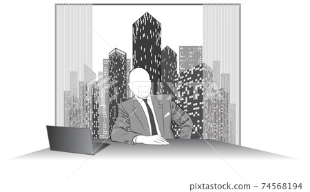 The image of a man in a business suit at a work table against a background of skyscrapers The image of a man in a business suit at a work table against a background of skyscrapers 74568194