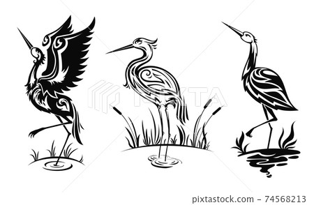 Heron or wader birds vector icons, black herns 74568213