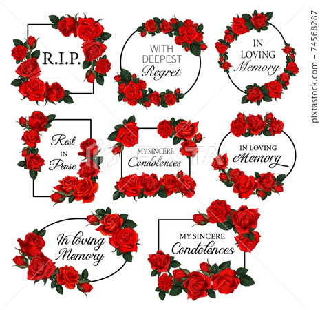 Funereal frames with red roses flowers and buds 74568287