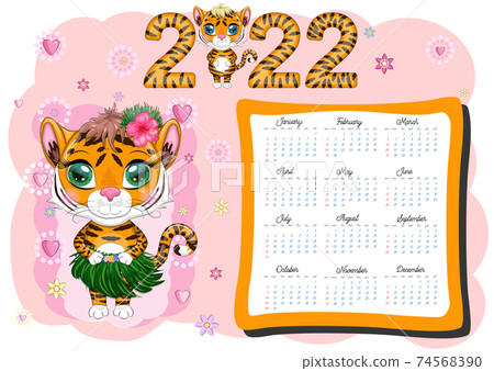 Calendar 2022. Tiger - a symbol of the new year, Cartoon tiger. Chinese horoscope calendar, horizontal A4 format, calendar for 12 months. Week starts on Sunday. Calendar 2022. Tiger - a symbol of the new year, Cartoon tiger. Chinese horoscope calendar, horizontal A4 format, calendar for 12 months. Week starts on Sunday. 74568390