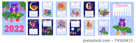 Calendar 2022. Cute owls and birds for every month. Wall vertical calendar for 2022, the week starts on Sunday. A4 format Calendar 2022. Cute owls and birds for every month. Wall vertical calendar for 2022, the week starts on Sunday. A4 format 74568413