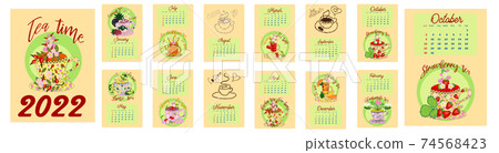 Drinks calendar 2022: with seasonal dessert drawings of various tea, coffee, cocoa. Fruits, berries, cakes, tea, mulled wine. Teas with prescription ingredients. Drinks calendar 2022: with seasonal dessert drawings of various tea, coffee, cocoa. Fruits, berries, cakes, tea, mulled wine. Teas with prescription ingredients. 74568423