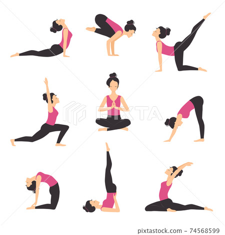 Girl Practicing Various Yoga Positions Set, Slim Sporty Young Woman Training, Meditating, Balancing and Relaxing Flat Style Vector Illustration 74568599