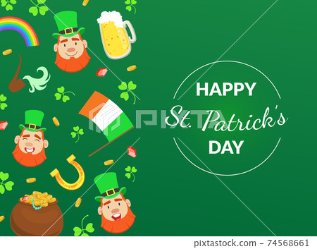 Happy St. Patricks Day Banner or Card Template with with National Irish Holiday Symbols Cartoon Vector Illustration 74568661