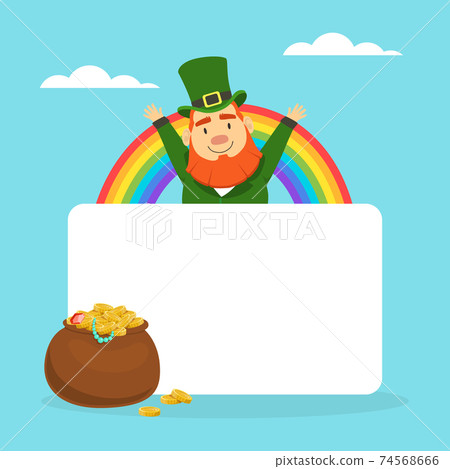 Leprechaun with Blank Banner and Pot of Gold Coins, St. Patricks Day Background, Greeting Card, Advertising Poster Vector Illustration 74568666