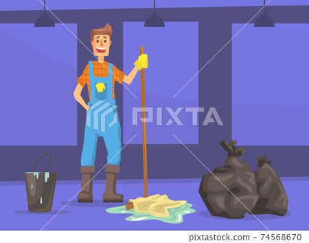 Man Janitor Gathering Trash, Male Professional Street Cleaner in Uniform Cartoon Vector Illustration 74568670