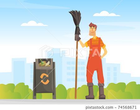 Male Janitor with Broom, Street Cleaner Man in Orange Uniform Cartoon Vector Illustration 74568671