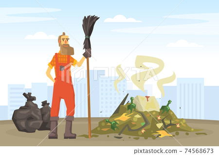Male Janitor Gathering Trash with Broom, Street Cleaner Man in Orange Uniform Cartoon Vector Illustration 74568673