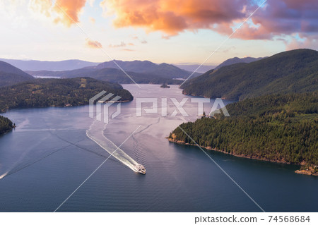 Aerial view of the Ferry traveling between the islands 74568684
