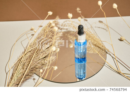 Bottle of serum stands on round mirror with branches of dried flowers. Wabisabi style, earth tone. Skincare cosmetic composition mockup. 74568794